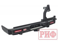 Бампер РИФ силовой задний Toyota Land Cruiser 76 2007+ с квадратом под фаркоп, калиткой и фонарями
